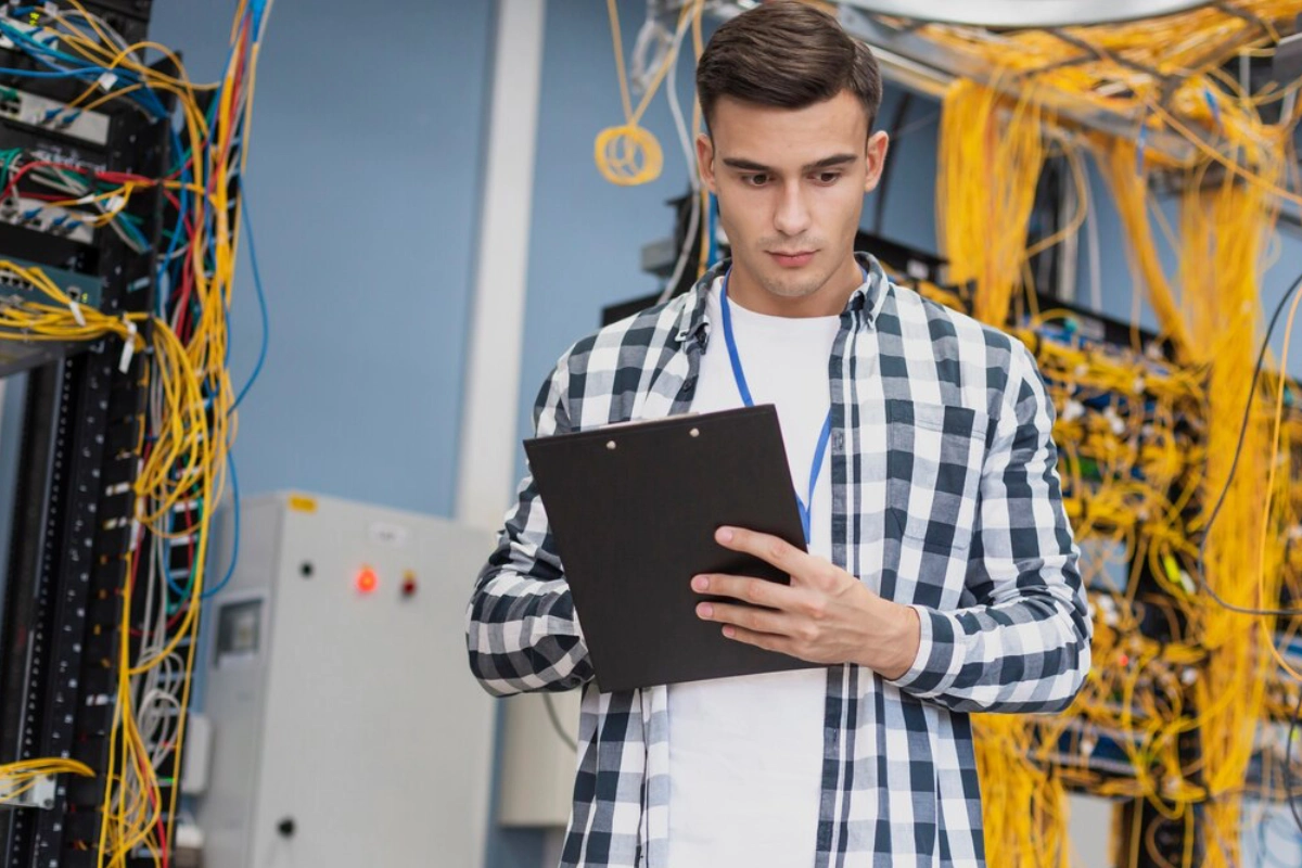 A man holding a clipboard in front of wires.