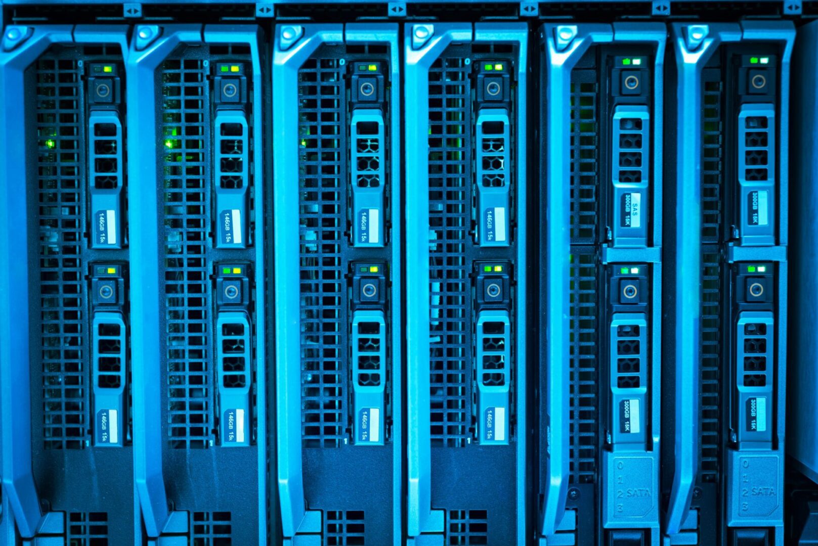 A row of blue servers in a room.